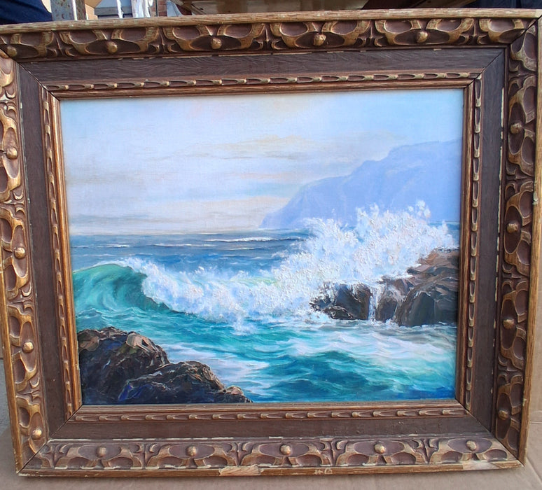 FRAMED COASTAL SEASCAPE WITH BREAKING WAVES OIL PAINTING SIGNED MILLER