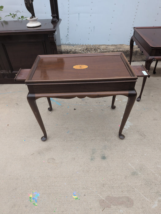 WALNUT END TABLE WITH PULLOUT AND INLAID TOP