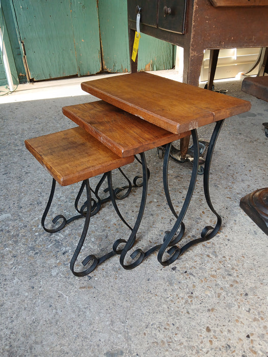 SET OF 3 SCROLLED IRON AND OAK NESTING TABLES