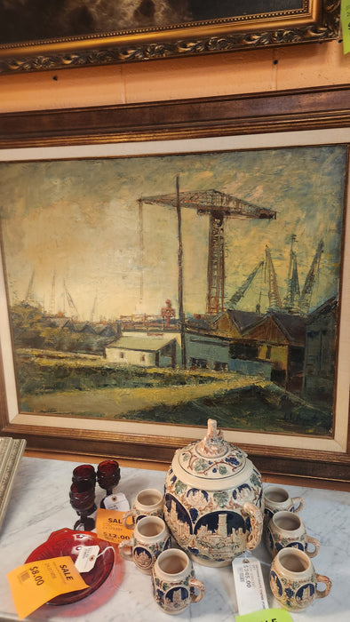 LARGE SHIP YARDS OIL PAINTING