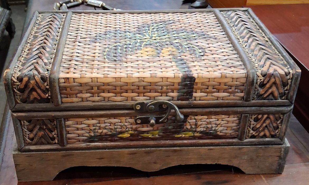 CANE COVERED WOOD BOX WITH PALM TREE