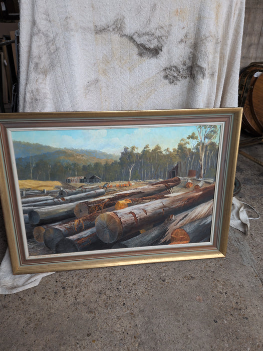 FRAMED OIL PAINTING ON BOARD OF A LOGGING CAMP SIGNED DENISE HARDT