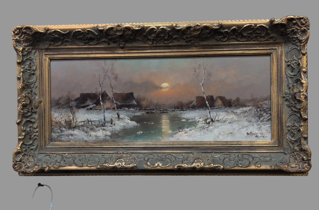 SMALL FRAMED  WINTERSCAPE OIL PAINTING WITH MOON LIT RIVER-SIGNED