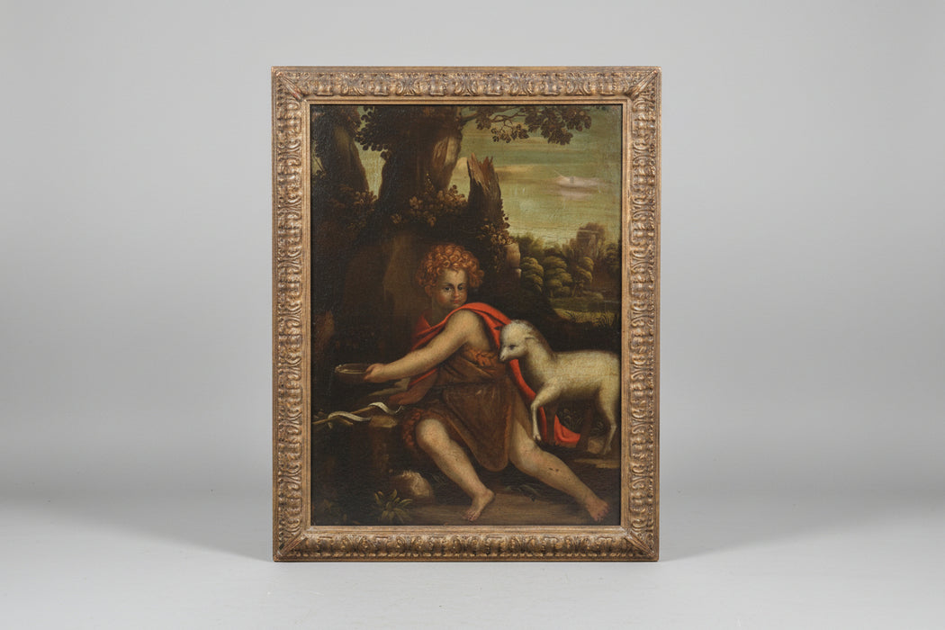 LARGE FRAMED 18TH CENTURY RELIGIOUS OIL PAINTING OF JOHN THE BAPTIST