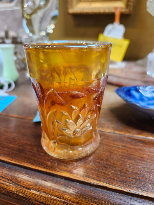 ORANGE CARNIVAL GLASS WITH LOTUS AND CATTAILS TUMBLER