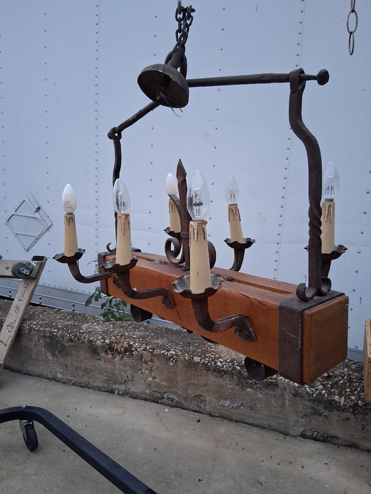 OAK AND IRON BEAM CHANDELIER
