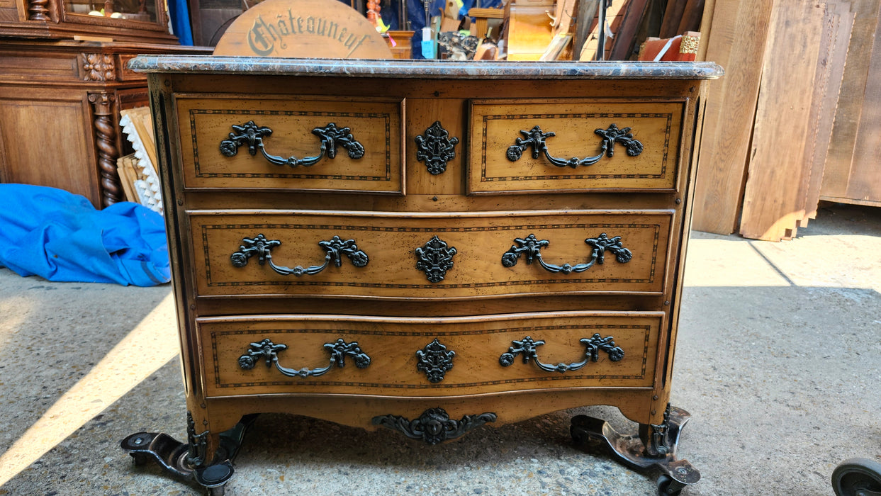 VINTAGE LOUIS XV MARBLE TOP LARGE CHEST WITH INLAY