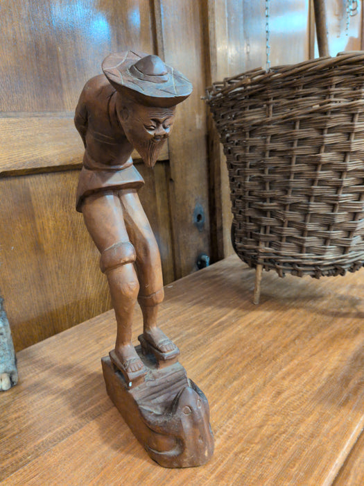 CHINESE WOOD STATUE OF PENSIVE MAN STROLLING