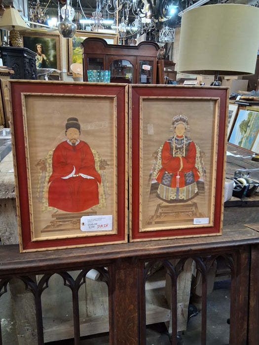 PAIR OF HAND PAINTED SILK ANCESTER PAINTINGS