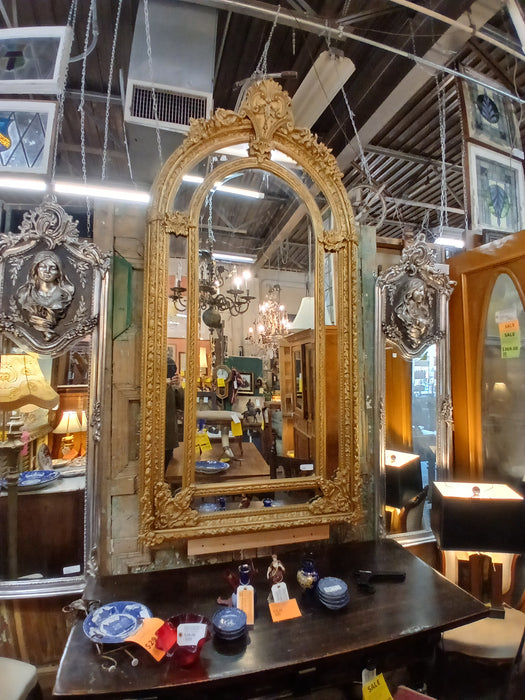 LOUIS XV LARGE ARCHED TOP ORNATE GILT BEVELED MIRROR