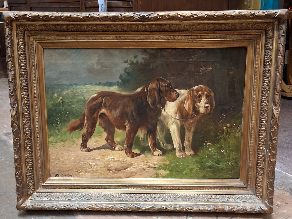 MEDIUM FRAMED OIL PAINTING OF DOGS SIGNED P, SHOUTEN
