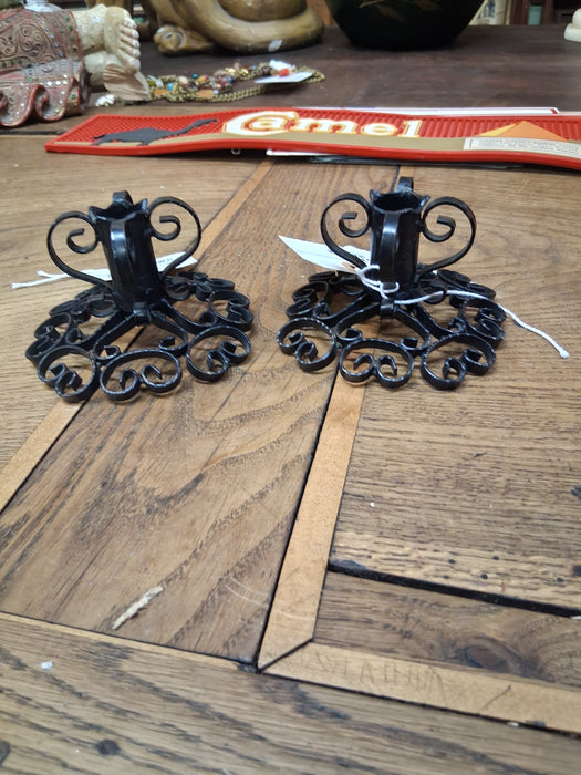 SMALL PAIR OF BLACK TWIST IRON CANDLE HOLDERS