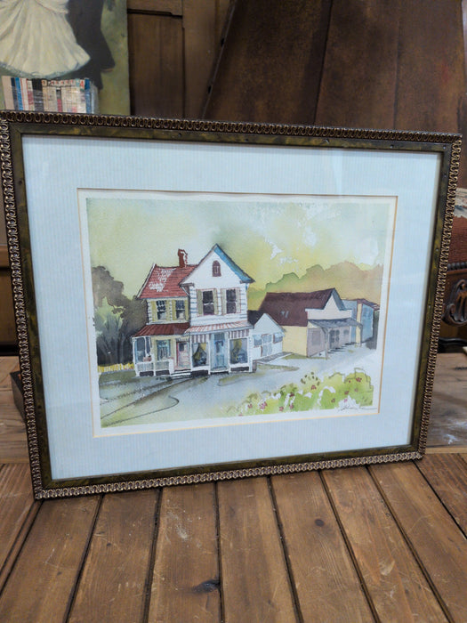 FRAMED IMPRESSIONIST WATER COLOR PAINTING OF HOUSES -SIGNED