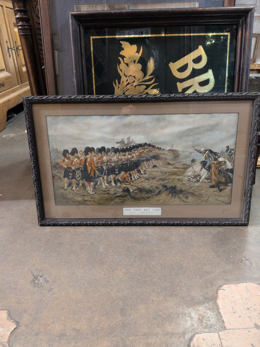 BLACK FRAMED PAINTING OF CAVALRY BATTLE “THE THIN RED LINE” - SIGNED ROBERT GIBB