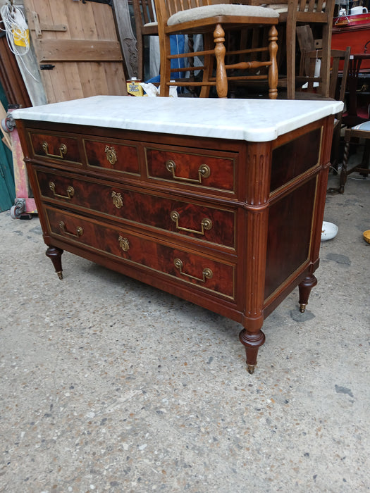 LOUIS XVI MARBLE TOP 3 DRAWER CHEST WITH BULE PULLS