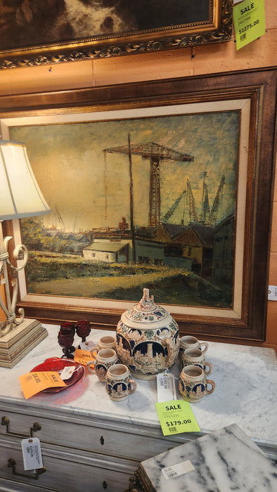 LARGE SHIP YARDS OIL PAINTING