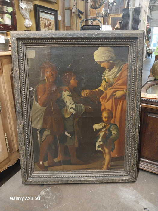 LARGE 18TH CENTURY VERTICAL OIL PAINTING OF A WOMAN FEEDING THE POOR-AS FOUND