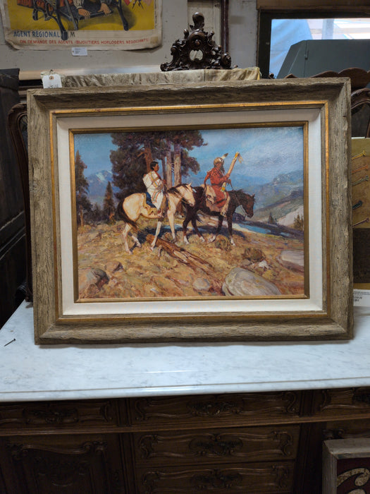 WOOD FRAMED OIL PAINTING OF INDIAN COUPLE ON HORSEBACK - SIGNED GARY KAPP