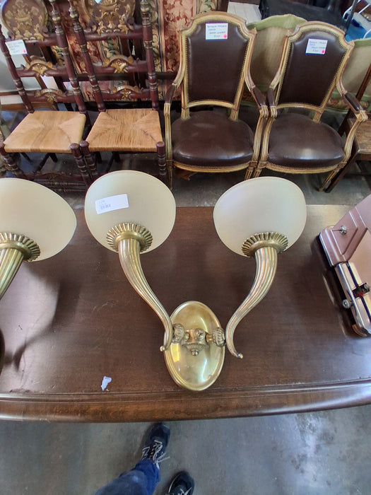 PAIR OF BRASS 2 ARM SCONCES **MISSING ONE GLASS SHADE**