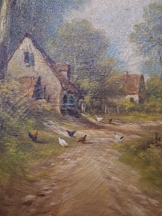 GILT FRAMED OIL PAINTING OF CHICKENS ALONG THE RIVER BANK AN A MAN IN A BOAT