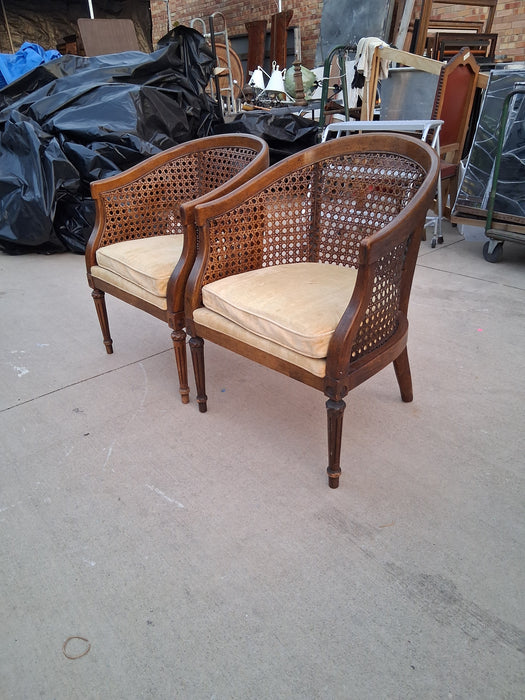 PAIR OF CANED BACK LOUIS XVI BARREL BACK STYLE ARM CHAIRS AS FOUND UPHOLSTERY