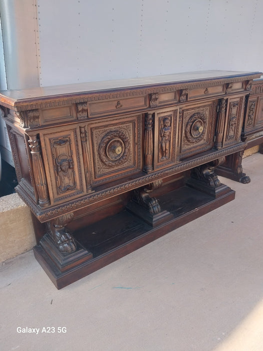 LONG ITALIAN RENAISSANCE REVIVAL CARVED WALNUT  FIGURAL SIDEBOARD