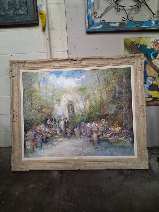 LARGE FRAMED GERMAN IMPRESSIONIST OIL PAINTING OF A FLOWER MARKET- SIGNED WILL BAUER