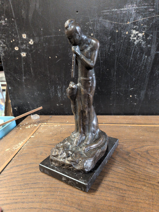 BRONZE STATUE OF AN INDIAN FLUTE PLAYER WITH MOUNTAIN LION SIGNED EDWIN DEMING 38 OF 100
