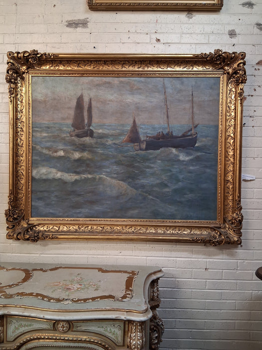 HUGE GILT FRAMED OIL PAINTING OF SAILBOATS AT SEA
