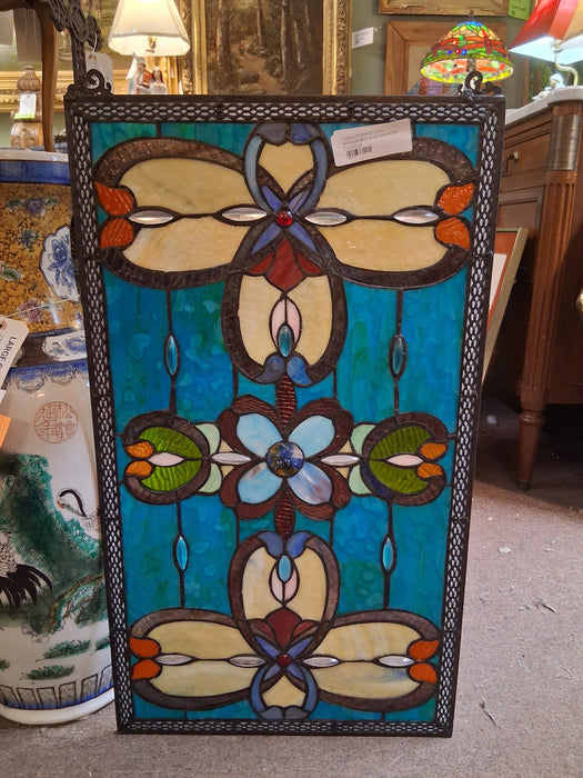 FLORAL STAINED GLASS WINDOW WITH BLUE AND IVORY