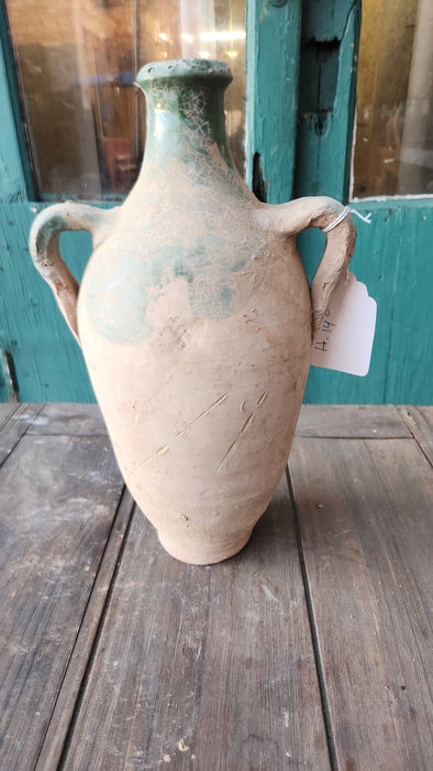 TALL PARTIAL GREEN GLAZED TERRA COTTA 2 HANDLED VASE