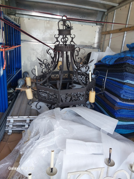 HUGE 2 TIER BLACK IRON CHANDELIER WITH WAX CANDLE COVERS