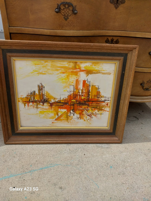 FRAMED MID CENTURY CITY SCAPE IN ORANGE  AND YELLOW