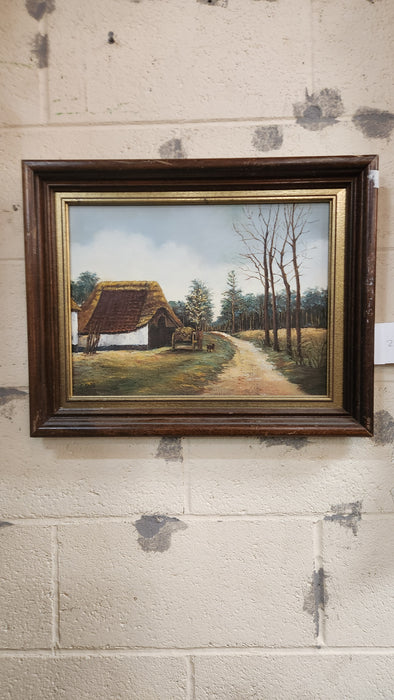 SMALL WALNUT FRAMED OIL PAINTING OF A THATCHED ROOF BARN