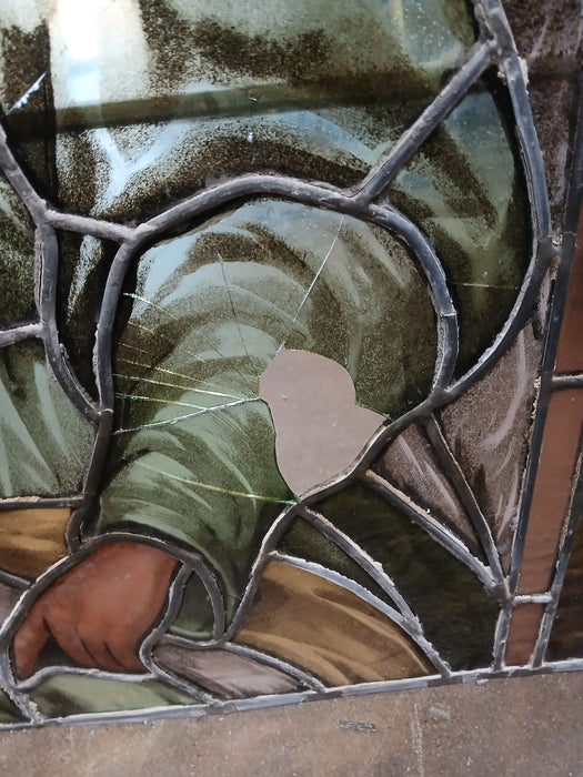 LARGE PAINTED AND STAINED GLASS WINDOW WITH PAIR OF  ANGELS AS FOUND