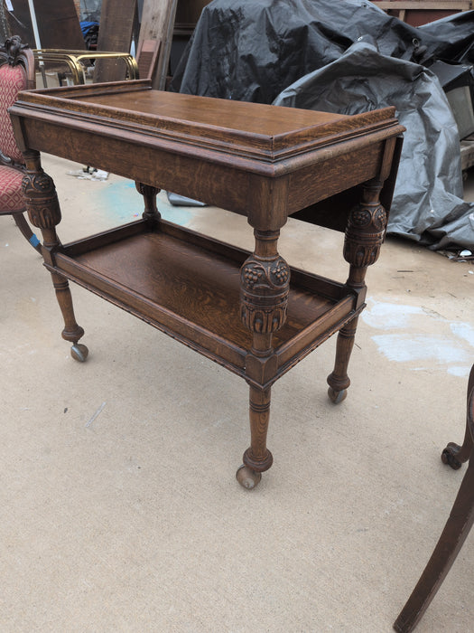 OAK TEA CART WITH BULBOUS CARVED LEG 2 TIER