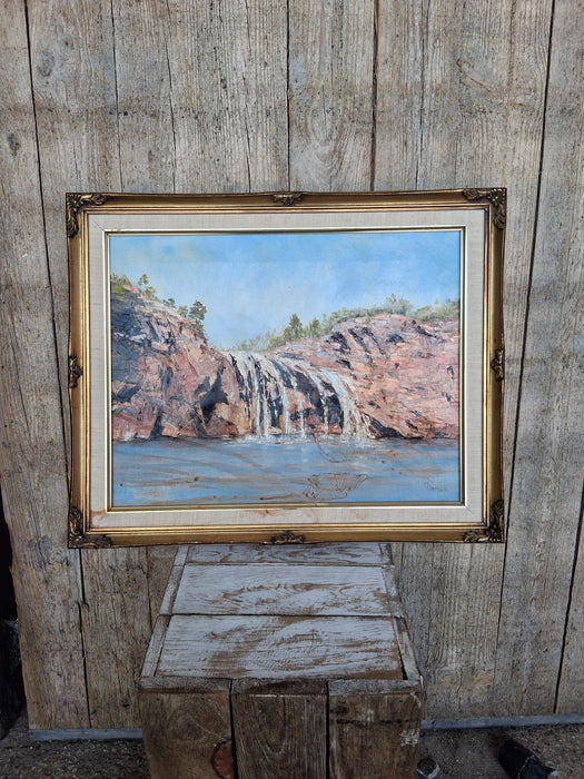 SMALL GILT FRAMED OIL PAINTING OF A WATER FALL