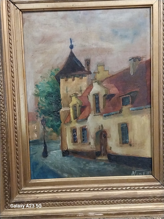 HEAVY GILT FRAMED STREET CORNER OIL PAINTING