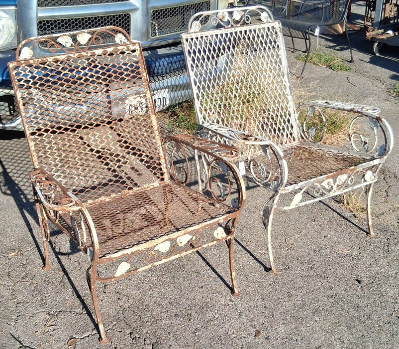 PAIR OF IRON LEAF ARM CHAIRS WITH LARGE MESH SEAT