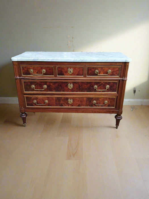 LOUIS XVI MARBLE TOP 3 DRAWER CHEST WITH BULE PULLS