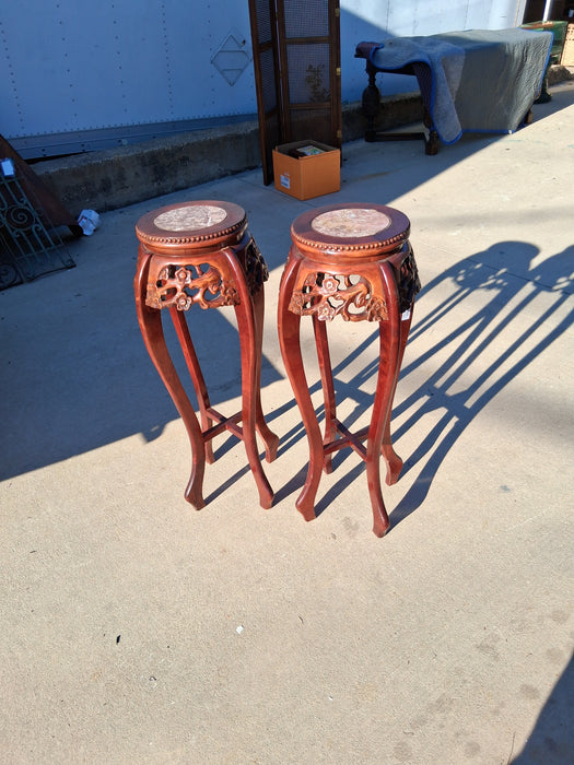 PAIR OF CARVED MAHOGANY AND MARBLE ASIAN STANDS