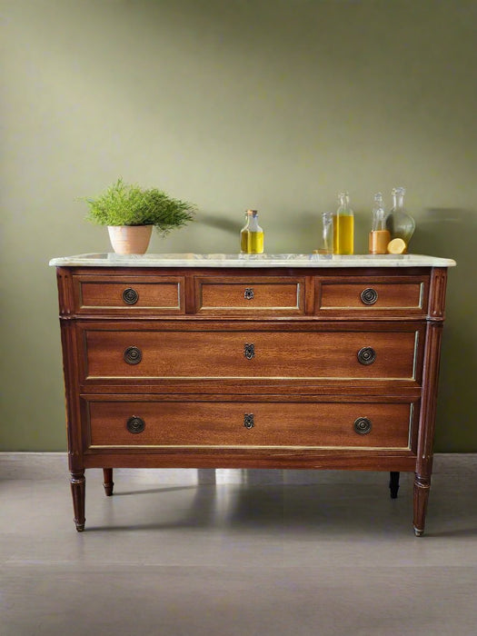 LOUIS XVI 5 DRAWER MARBLE TOP CHEST WITH ORMOLU TRIM