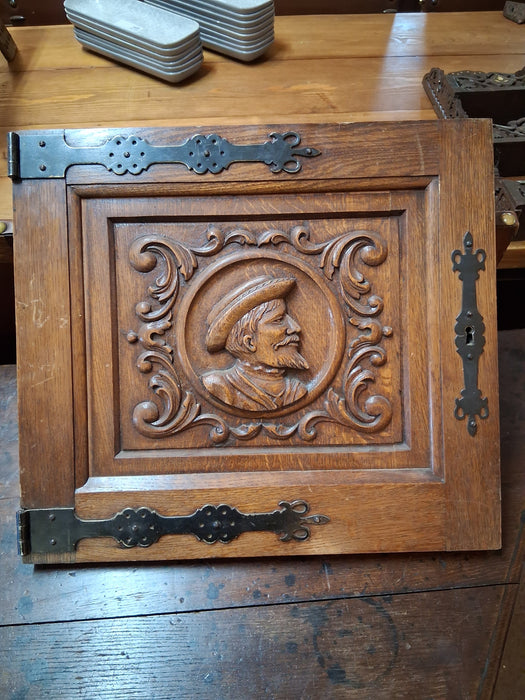 GENTLEMAN PORTRAIT CARVED DOOR WITH IRON STRAP HINGES