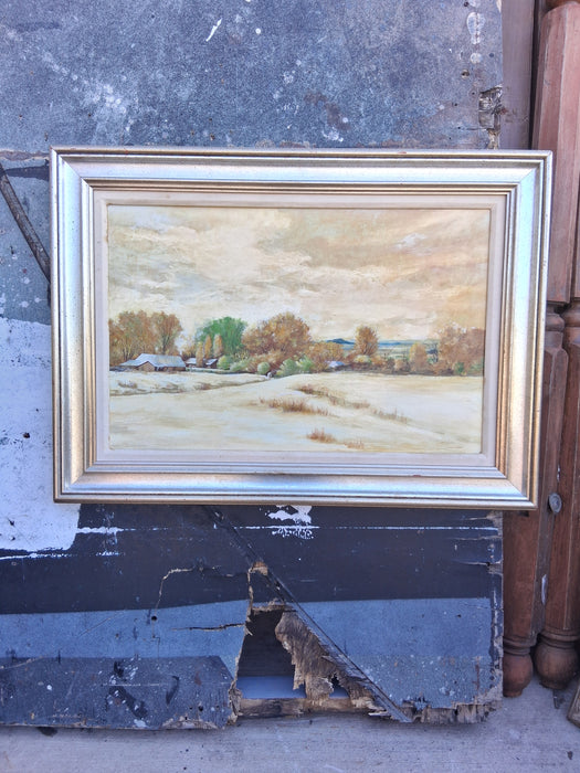 LARGE FRAMED YELLOW TONE LANDSCAPE OIL PAINTING WITH BARN SIGNED JACKSON HENSLEY