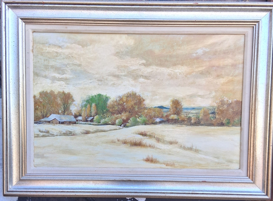 LARGE FRAMED YELLOW TONE LANDSCAPE OIL PAINTING WITH BARN SIGNED JACKSON HENSLEY