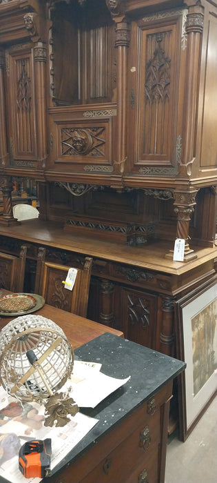 HUGE FRENCH GOTHIC WALNUT HUNT CABINET WITH CARVED MONKS