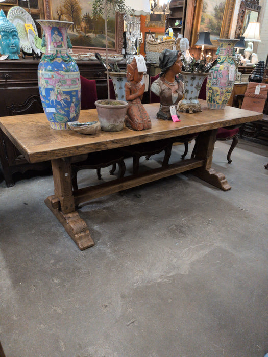 EARLY WIDE PLANK TOP PEGGED OAK TRESTLE TABLE
