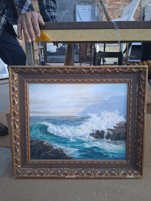 FRAMED COASTAL SEASCAPE WITH BREAKING WAVES OIL PAINTING SIGNED MILLER