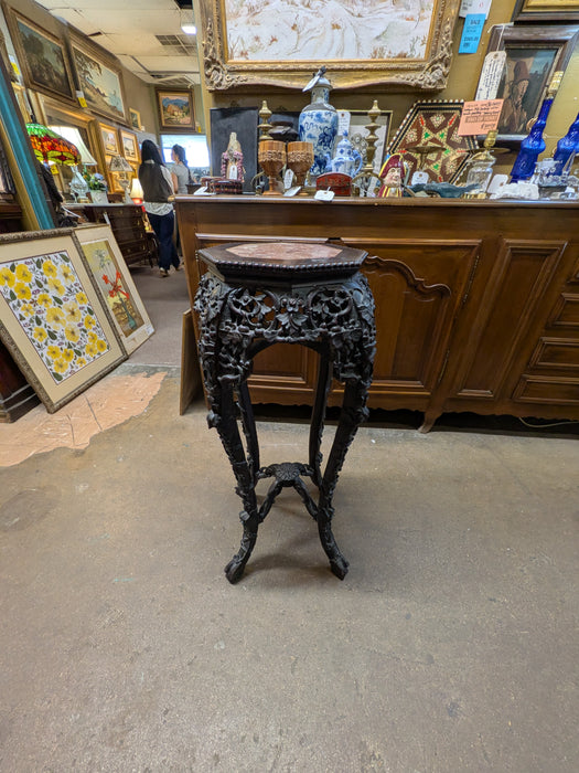 ROSEWOOD ASIAN CARVED MARBLE TOP PLANT STAND