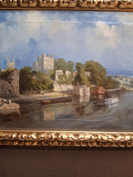 SMALL GILT FRAMED ITALIAN PAINTING OF RIVER AND BOATS